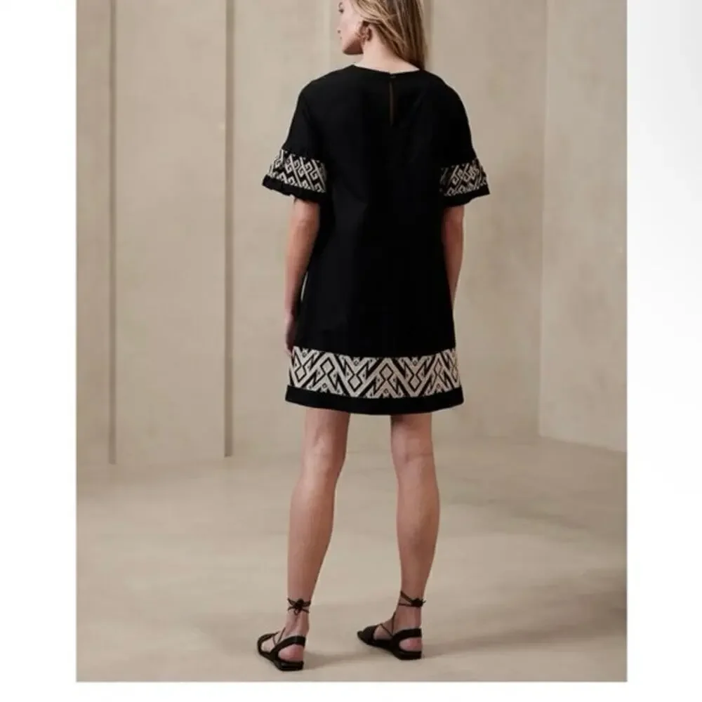 BANANA REPUBLIC FACTORY Black 100% Cotton Embroidered Puff Sleeve Mini Dress XL